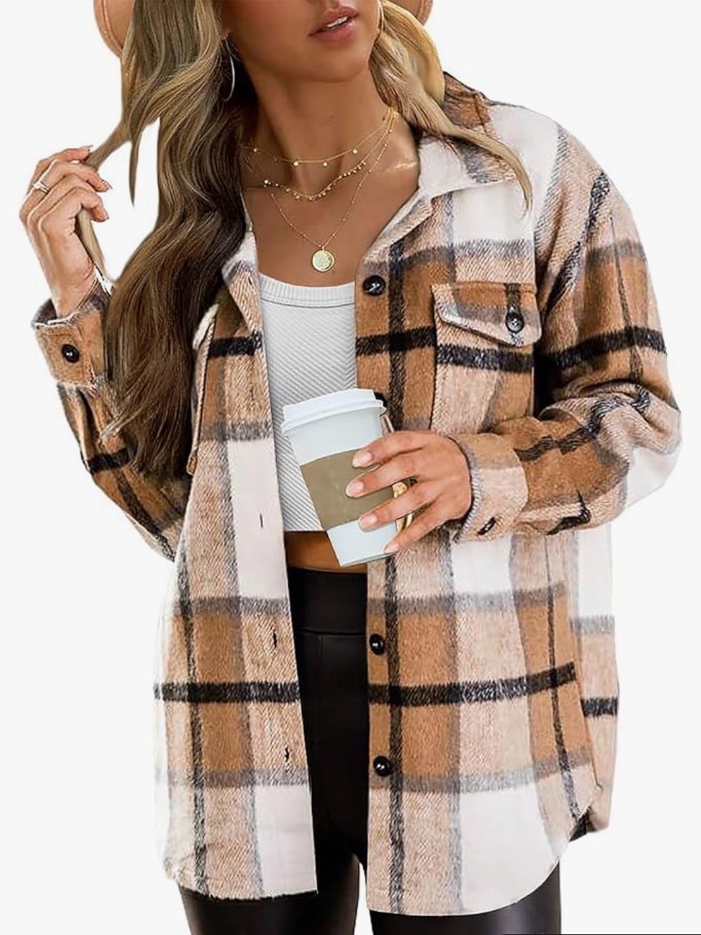 Women’s Teddy Plaid Shacket Jacket in Brown and Cream